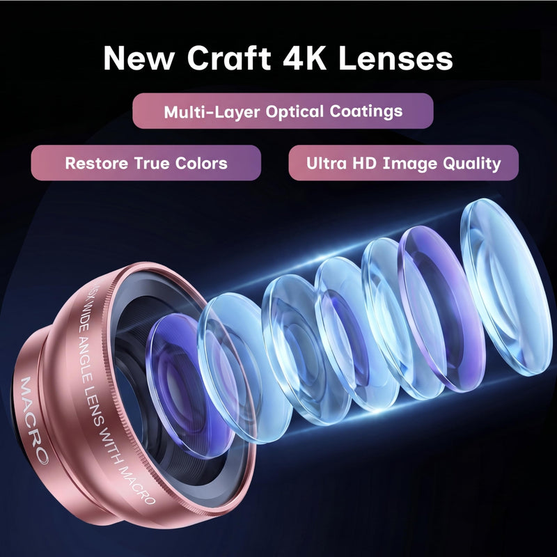 Phone Camera Lens Kit, 0.45X Super Wide Angle Lens + 15X Macro Lens 2 in 1 Professional Lens Attachment for Phone 17/16/15/14/13 Rose Gold