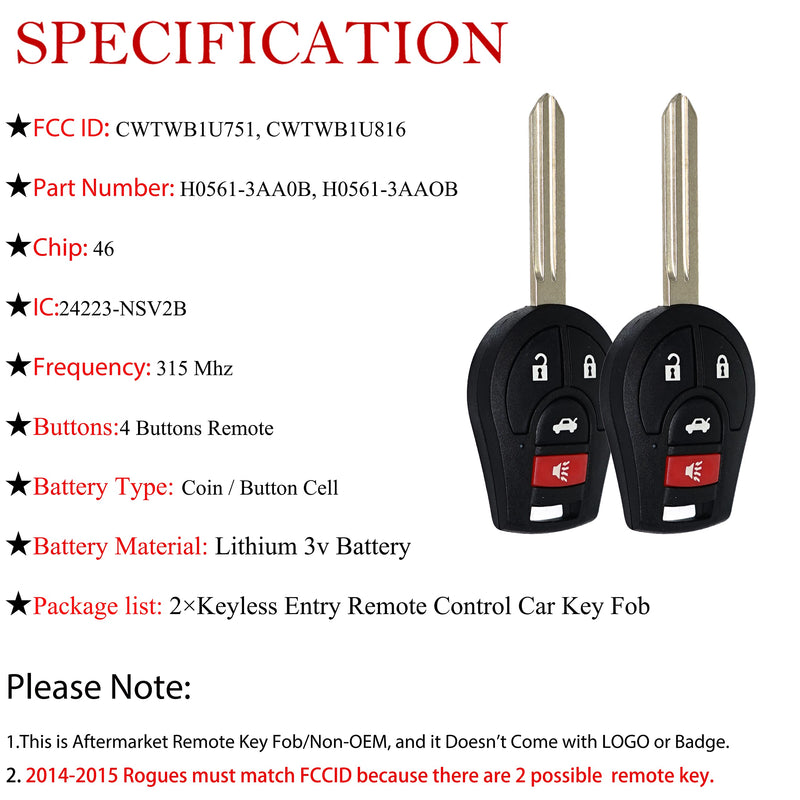 MechanMagic Key Fob Remote Replacement Fits for Nissan Sentra 2013-2019/Rogue 2008-2015/Versa 2007-2015/Armada/Maxima/Murano/Infiniti FX35 FX45 CWTWB1U816 Keyless Entry Remote Control ID46 CHIP