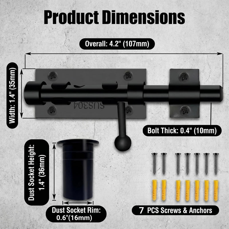 Barrel Bolt Latch,6.3 inch Slide Bolt Gate Latch,14mm Bolt Heavy Duty Shed Door Latch,304 Stainless Steel Black Finish Door Lock Latch for Barn, Wooden Fence, Slide,Door (2, Black-4.0inch) 2