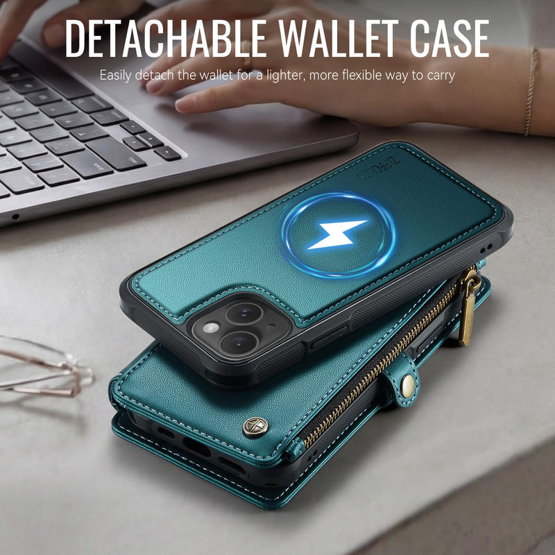 for iPhone 14 - Phone Case Wallet Magnetic Detachable, Turquoise | Compatible with Magsafe, RFID Blocking Card Holder, Zipper Pocket, Wristlet, Durable PU Leather, Magnet Flip, for Women Men