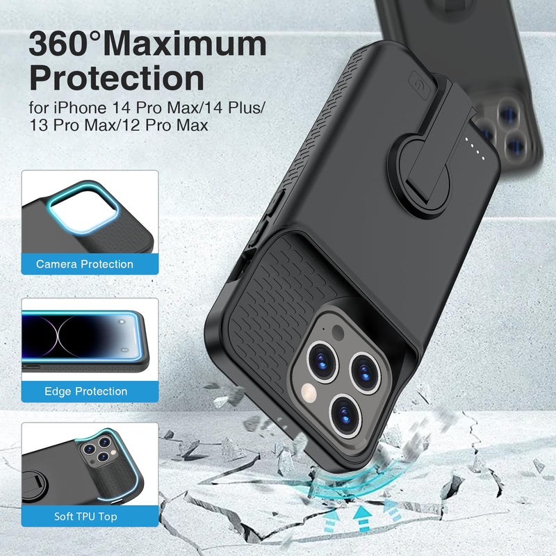 GIN FOXI Battery Case for iPhone 14 Pro Max/14 Plus/13 Pro Max/12 Pro Max, Rechargable Charging Case with Stand 8500mAh Portable Extended Case Cover for 14 Pro Max,14Plus,13/12Pro Max Black for 14px/13px/12px