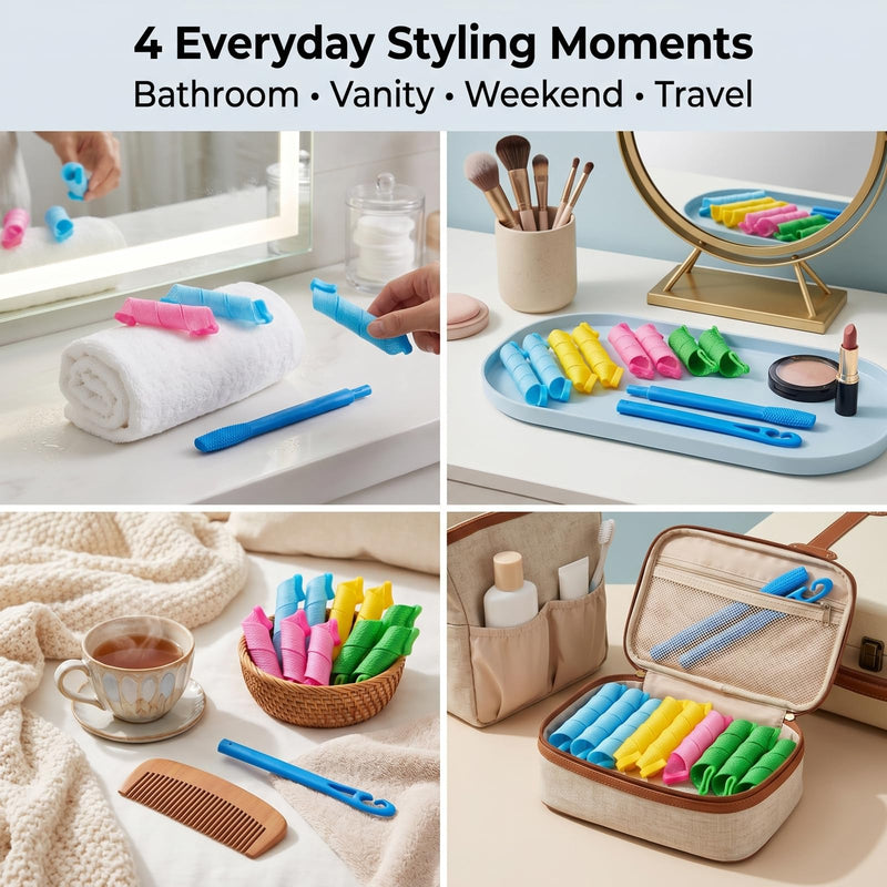 Spiral Hair Rollers, 17 Heatless Mesh Curlers With 2-Piece Styling Hook | Flexible Sleeves In 4 Colours, Connectable Tool Feeds Strands Through, Across Hair Lengths And Textures, Home Or Travel 2 Pack