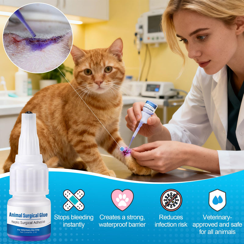 Veterinary Surgical Skin Glue, Strong Surgical Adhesive with 10 Precise Applicators, Blue Tinted Fast Acting Waterproof Wound Closure for Pets Dogs Cats, Pain Free & Stress Free(1 Pack,3ml) 1 3ml
