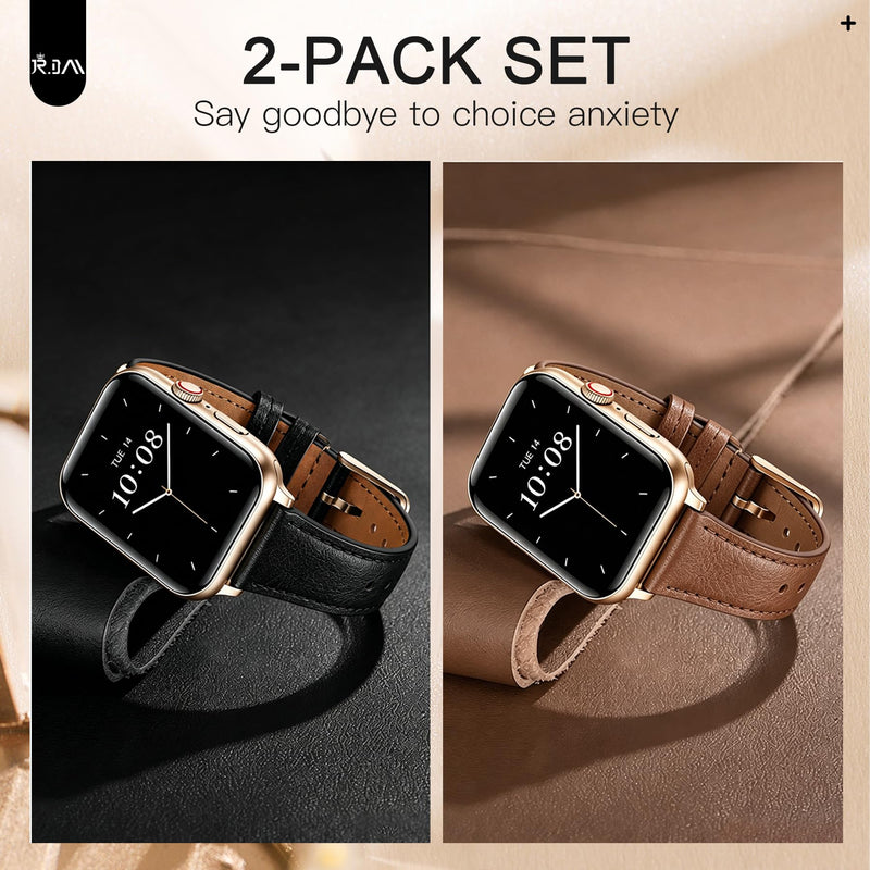 JR.DM 2 Pack Slim Leather Bands for Women Compatible with Apple Watch 40mm 42mm(S10/11) 41mm 38mm, Soft Top Leather Watch Thin Straps Replacement for iWatch Series 11/10/9/8/7/6/5/4/3/2/1/SE A1-2pcs-Black/Brown for Rose Gold 38/40/41/42mm(series 11/10)