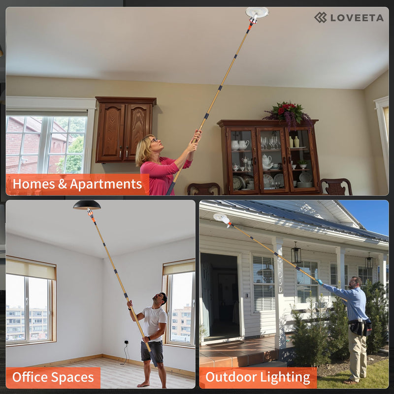 LOVEETA® Gen2 12Ft [18Ft Reach] Lightweight Extendable Light Bulb Changer Pole for High Ceilings – Telescopic Light Bulb Pole Changer with Bulb Gripper - Champagne Gold 12Ft (18Ft Reach)