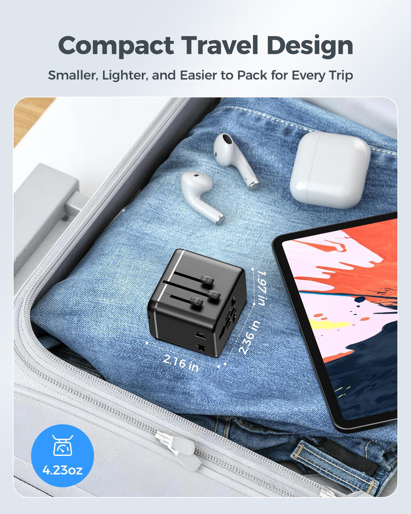 Universal Travel Adapter with Dual AC Outlets, 4 USB Ports, 2500W | 3 USB-C & 1 USB-A Ports, Charge 6 Devices, Compact Design, EU/US/UK/AU Plug Adapter for 200+ Countries