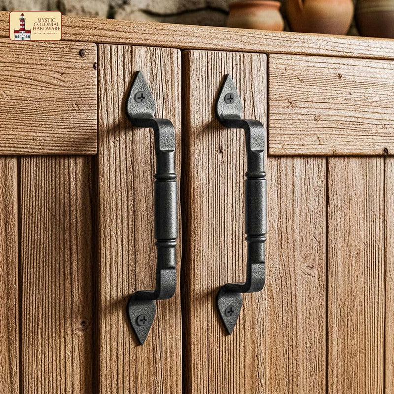 2 Pack Mystic Colonial Medieval Rustic Cast Iron Barn Door Handles - (6 inch) Colonial Pull Handles for Gates, Sheds, Cabinets & Garden Doors with Black Finish 6 Inch Pair Barrel Pull Handle