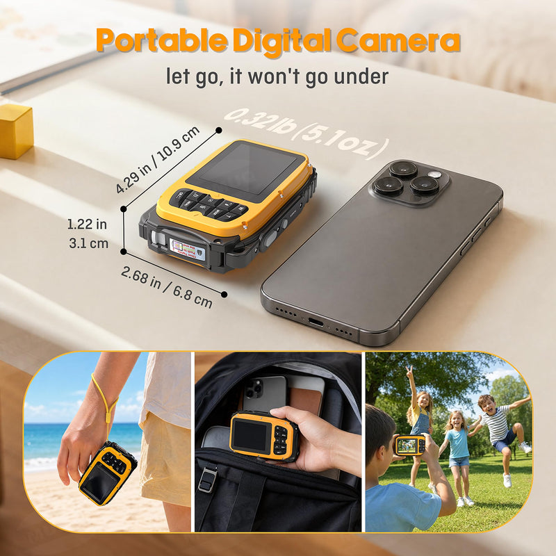 Floating Underwater Camera for Kids, Waterproof Camera with 32GB SD Card | IP68 48MP 4K Portable Snorkeling Camera for Pool Beach, Lightweight Rechargeable Floating Action Camera, Yellow