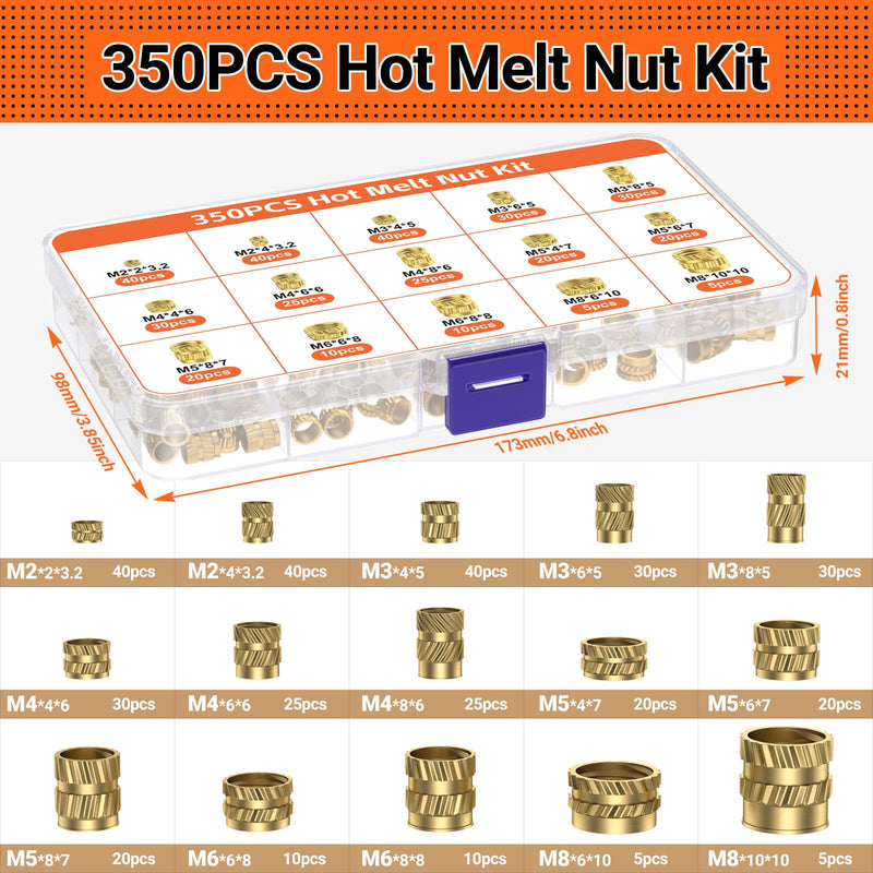 Preciva Heat-Set Insert Tip Set - Soldering Iron with 350Pcs Thread Inserts, 6Pcs Heat-Set Insert Tips (M2 M3 M4 M5 M6 M8), 2Pcs Soldering Tip Connecting Rods and 1Pc Tweezers
