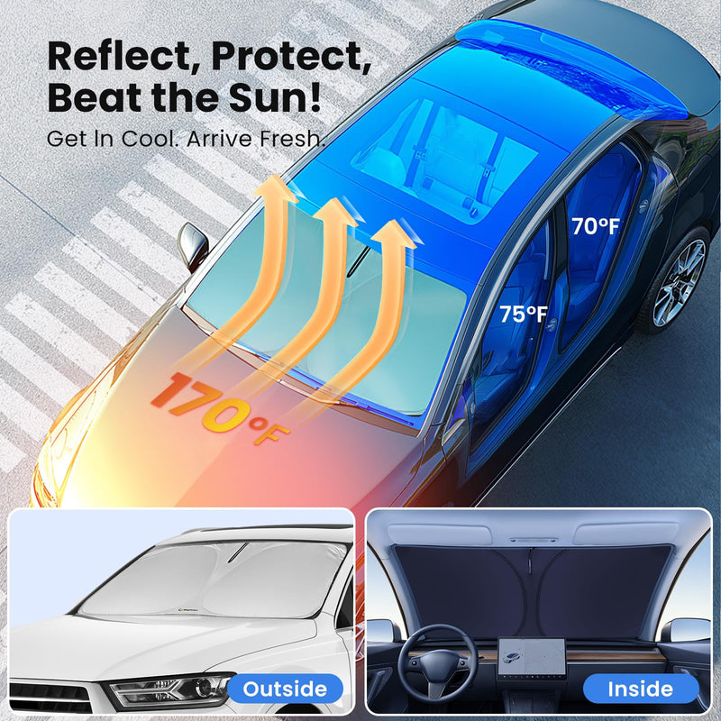 Windshield Sunshade for Tesla Model 3 and Model Y 2017-2025 - Innovative No-Light-Pass Technology, Mirror Cut-Out, Blocks 99% UV Rays, Fade-Resistant, Easy-Fold Model 3 Model Y Windshield Sun Shade fits Tesla Model 3/Y (2017 - 2025)