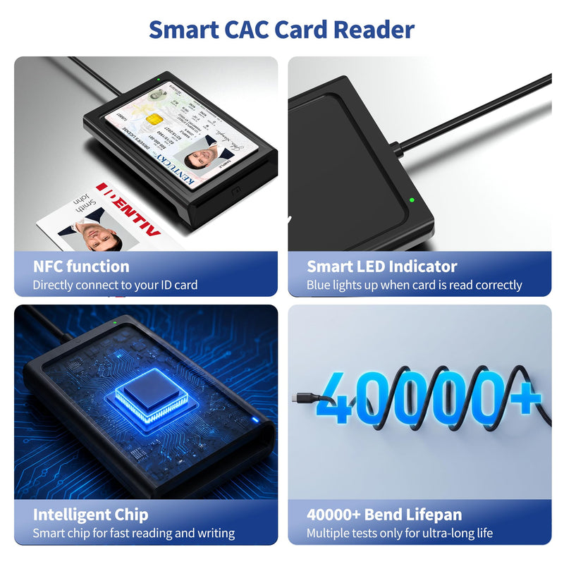 NFC Smart Card Reader, Contact & Contactless ID and Bank Chip Card Reader | CAC Reader for DOD Military, 2-in-1 USB-A/USB-C, for Windows/Mac/Android/Linux