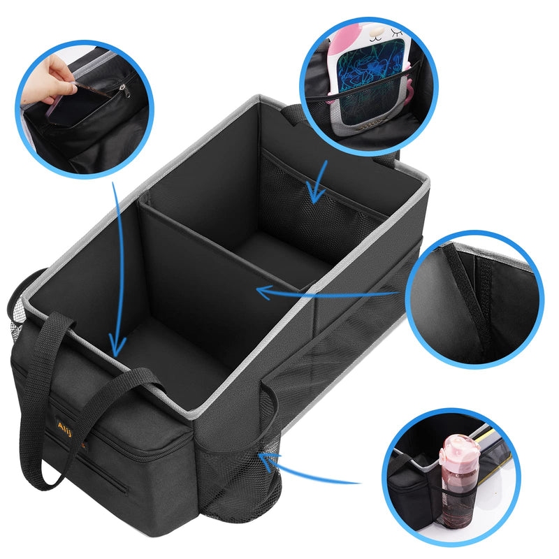 Car Seat Organizer - Backseat Car Organizer with Cup Holders, Car Storage Organization for Front Back Passenger Seat, Road Trip Essentials Kids for Travel Car Accessories, Black
