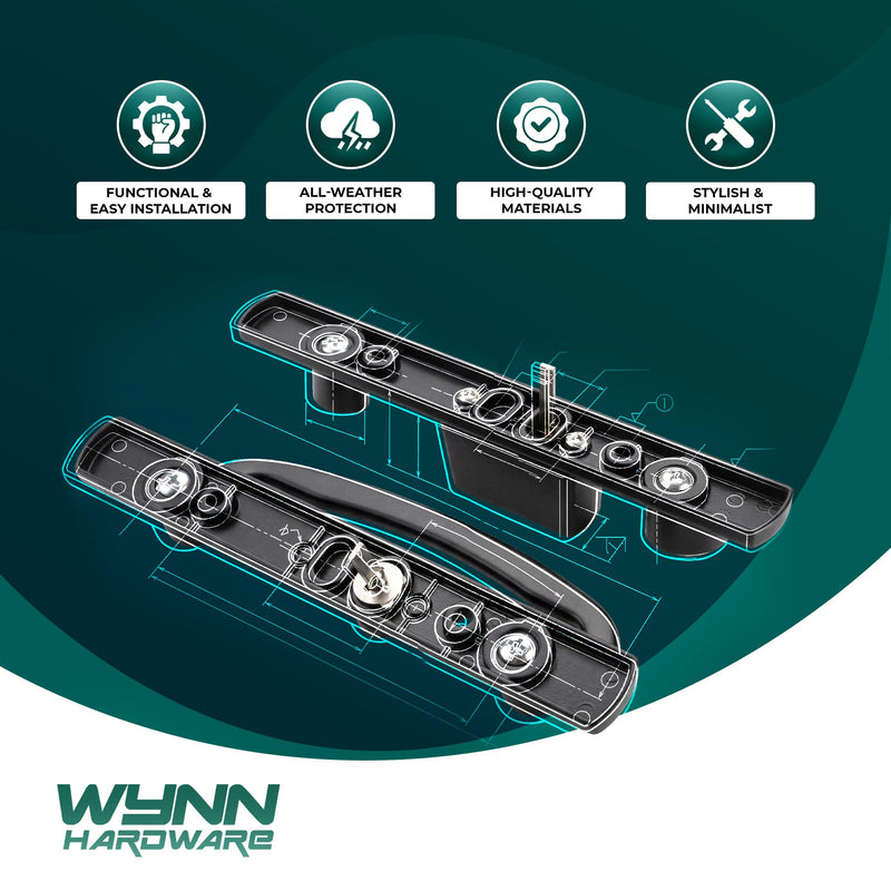8.5" Legacy Sliding Patio Glass Door Offset Latch Black Handle Set with Keys - Sash Controls 2265 Keyed Lock - Fits 3-15/16" Screw Hole Spacing and 1-1/4" to 2-1/4" Door Thickness