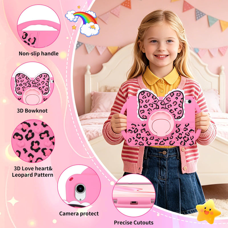 JAKPAK Kids Case for iPad (A16) 11th 10th Generation 11" 2025/10.9 in 2022 | Built-in 360° Rotating Kickstand, Double Handle, Cute Bow Leopard Print Soft Silicone Cover, Girly Kids Friendly, Pink