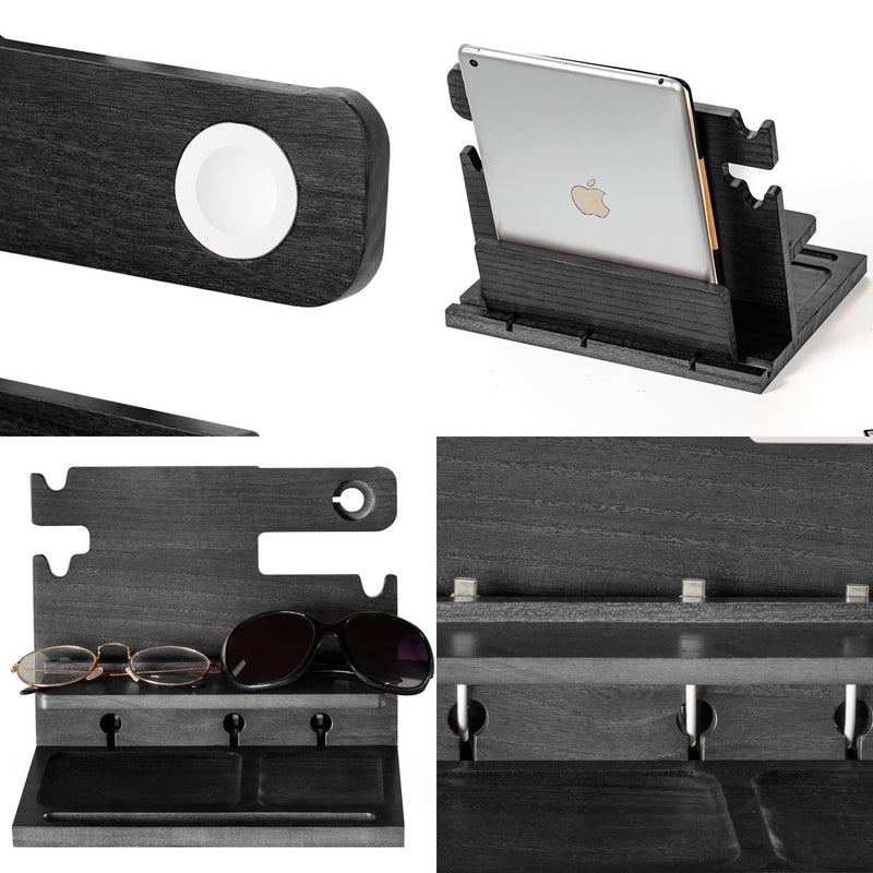 Black Wood Phone Docking Station for up to 3 Phones - Nightstand Organizer for Men & Women, Compatible with Apple Watch, Holds Phones, Tablets, Keys, Rings, Glasses, Watches, EDC & More Black Medium No Drawer, For Apple Watch
