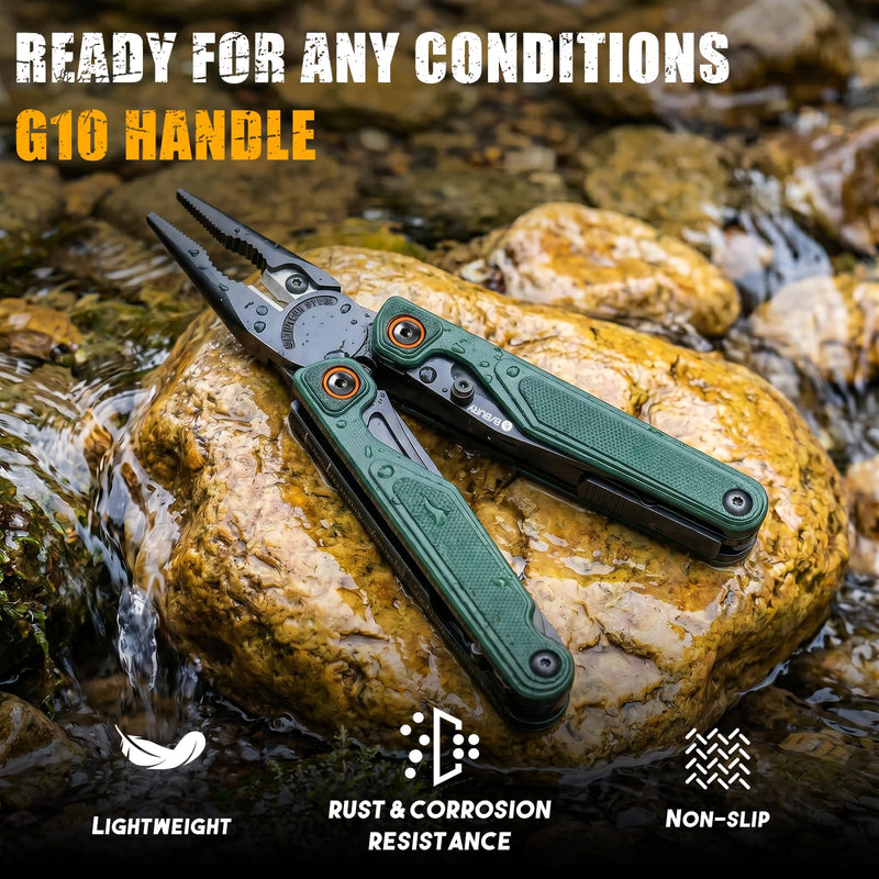 BIBURY Lightweight G10 Handle Multitool Pliers, 25-in-1 EDC Multi Tool with Replaceable Wire Cutters, Scissors, One-Hand Opening Pocket Knife Survival Tools for Camping, Repair,Survival -BI2048G Green