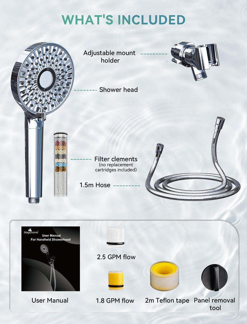 Magichome Filtered Shower Head with Handheld, High Pressure 10-Spd Detachable Chrome Showerhead with Stainless Hose, Water Softener Filter Beads for Hard Water - Remove Chlorine, Reduce Dry Itchy Skin Silver
