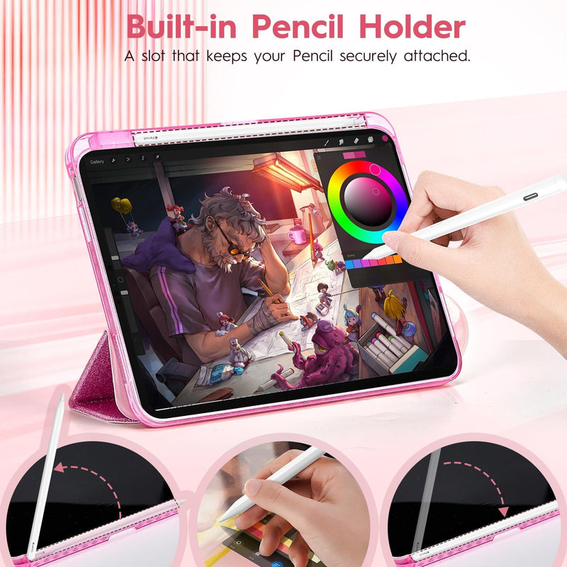 Case for iPad Air 11" M4/M3/M2 & 10.9" Air 5/4, Rose Red | Glitter Cover, Transparent Hard PC Back, Built-In Pencil Slot, Auto Wake Sleep, Shockproof TPU Bumper, Easy To Clean