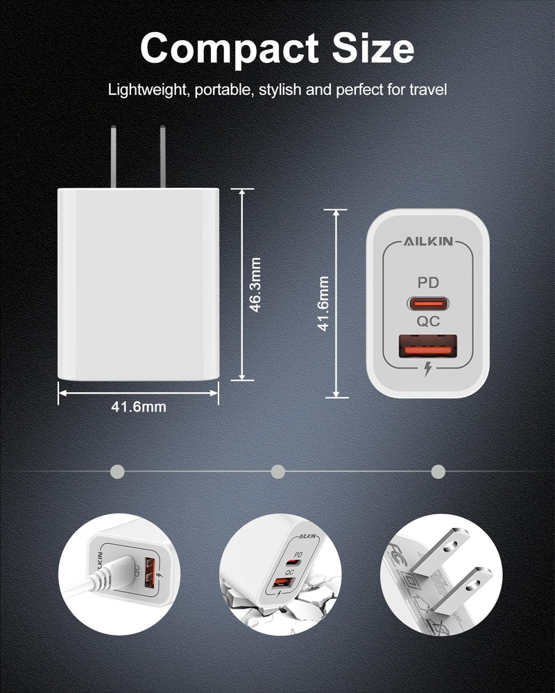 USB-C Charger Block 20W Dual Port with USB-A and USB-C, 2 Pack | Fast Charging Box, Dual Port Phone Plug, Multi Pack, 20W Power Adapter, USBA & USBC Cube Wall Outlet for Apple iPhone Android USB A & USB C
