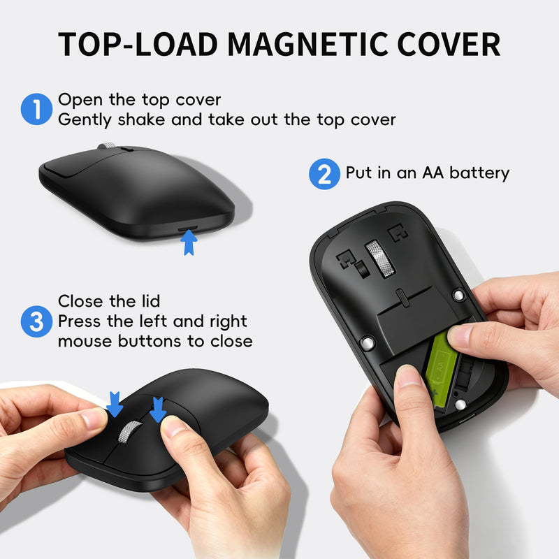 Bluetooth Mouse for Laptop Mac MacBook PC Chromebook Notebook - Black | No USB Receiver, Slim Portable Design, Silent Click, 4 DPI Adjustable, Long Battery Life, Aluminum Alloy Roller Computer Mice