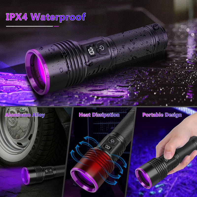 WINDFIRE 365nm UV Flashlight, Rechargeable Blacklight Flashlights with LCD Display, Powerful Black Light for Pet Urine Detection, Scorpions, Resin Curing, Blood Tracking, Uranium Glass, AC Leak