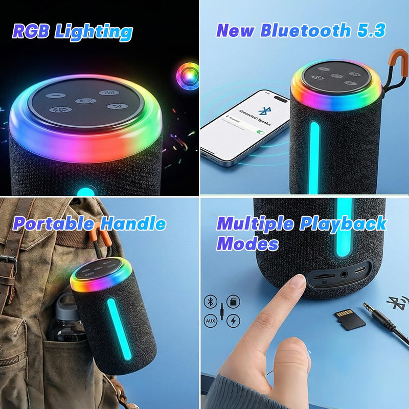 Portable Bluetooth Speaker with Vivid RGB LED Light Show, Textured Fabric Compact Wireless Speaker, Rich Bass, Outdoor/Indoor/Party, Perfect for Gift (Black) Black
