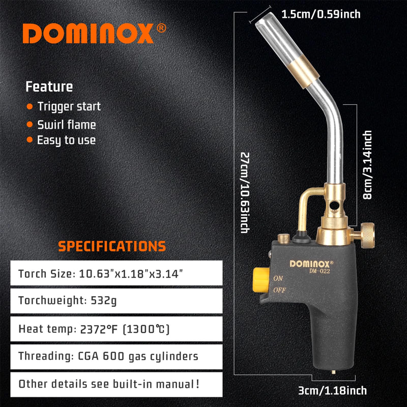 DOMINOX Propane Torch Head, High Intensity Torch Head Trigger Start Gas Torch, Map Gas Torch Kit for Propane, Map and Mapp Gas, Mapp Gas Torch, Soldering Torch Kit (Not Included Gas Tank) With gas valve