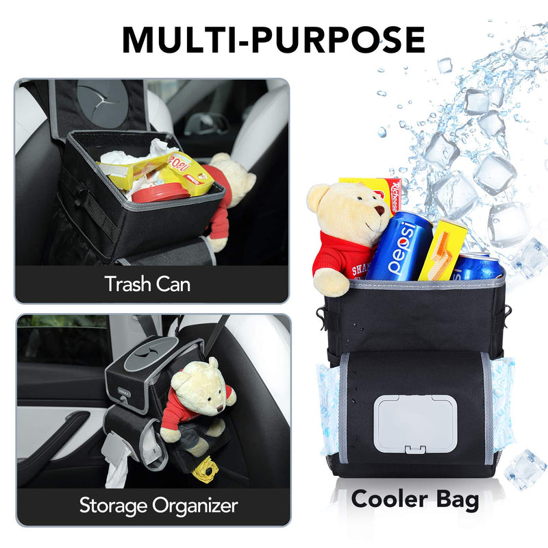 Farasla All-in-One Car Trash Can, Garbage Bag for Car with Removable Leakproof Interior Liner, Adjustable Tissue Holder & Straps(Black) Black-deluxe