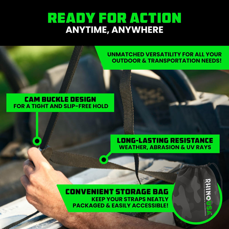 Rhino USA Lashing Straps (4-Pack), Heavy Duty Cam Buckle Tie Down Straps, 1in x 12ft Pull Straps, 1320lb Break Strength, Roof Rack Straps for Kayak, Cooler, Cargo Black - Retail