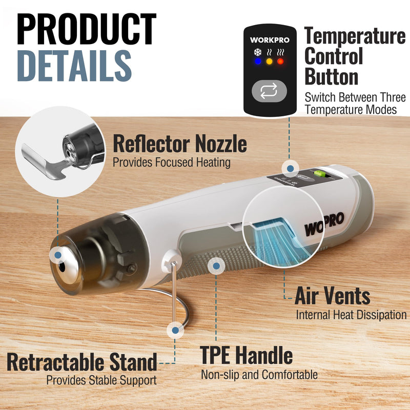 WORKPRO 7.2V Cordless Mini Heat Gun for DIY Crafts, 4000mAh Hot Air Gun, 1.5s Fast Heating, 3 Temp Settings (Cool/572°F/842°F), USB-C Rechargeable — Perfect for Halloween Crafts & Decorations White
