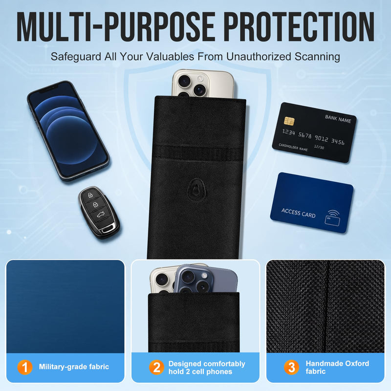 Faraday Bags for Phones and Key fobs, Go Dark Pouch,2 Pack, Black | Make your phones invisible to Tracking, Blcoked all signals,Anti-Theft 2 Large