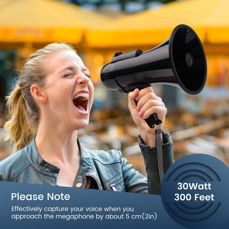 30 Watt Power Portable Megaphone Bullhorn Speaker Voice, Siren/Alarm and 240S Recording with Volume Control and Strap Black
