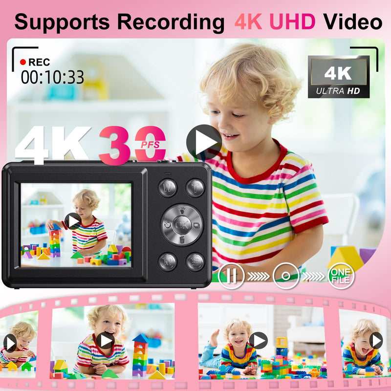 Digital Camera Dual Screen Kids Camera 4K 48MP with Autofocus & 16X Zoom, Internal Battery, 64GB SD Card Included | Portable Selfie Camera for Teens Children, Starter Vlogging Cameras Black