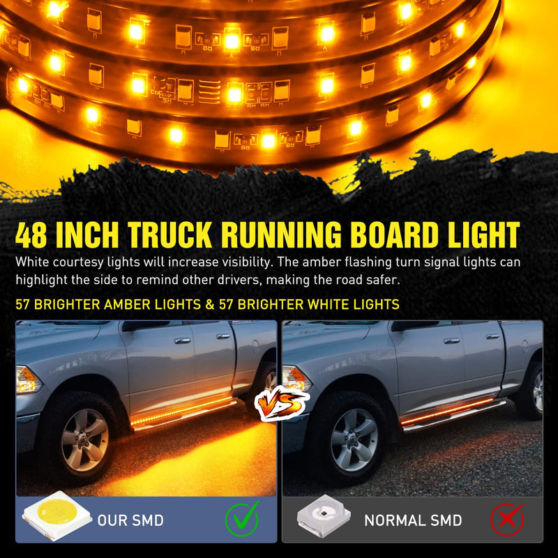 Nilight Truck LED Running Board Lights 2 PCS 48nch Side Maker Light with White Courtesy & Sequential Amber Turn Signal Lighting Strips Kit for Trucks Pickup SUV 48" Running Board Lights White/Amber