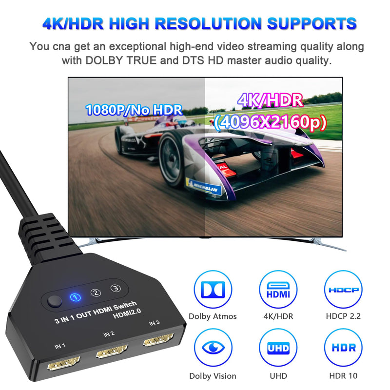 HDMI Switch 3 in 1 Out, 4K@60hz HDMI Splitter, 3 Way HDMI Switcher Supports Full HDCP2.2 1080P 3D Compatible with Roku Fire TV Stick HDTV PS4/PS5 Xbox One Chromecast, Compatible with Mac/Win/Linux