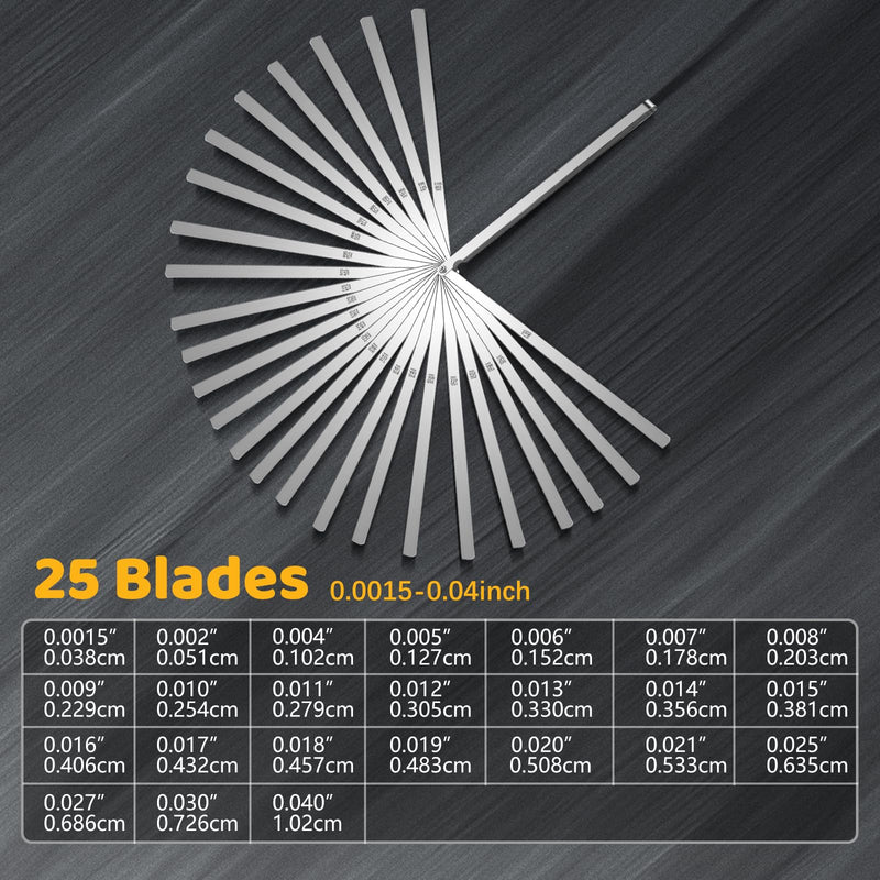 25 Blades Stainless Steel Long Feeler Gauge, Metric and Imperial Gap Measuring Tool Width and Thickness Feeler Gage Gauge for Spark Plug, Valve Adjustment Tool, 0.038-1.02mm 0.0015-0.040 Inch