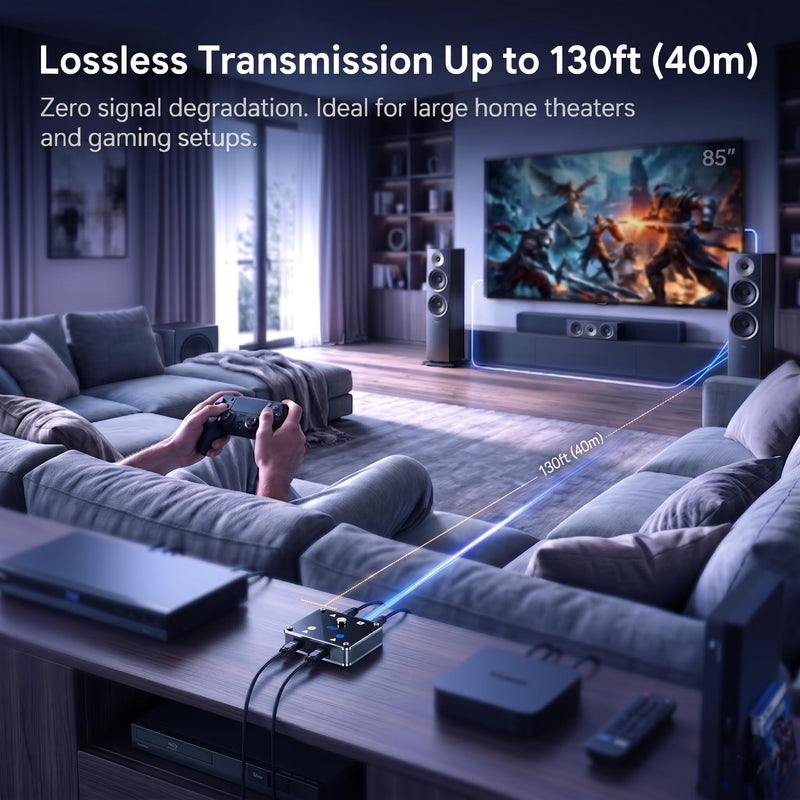 2 in 1 Out Optical Audio Switcher with Auto-Switching, Toslink 2x1 | Ideal for home theaters & gaming. Connect PS5 & TV to Soundbar. 0.3s auto-switching with no remote needed. Supports Dolby