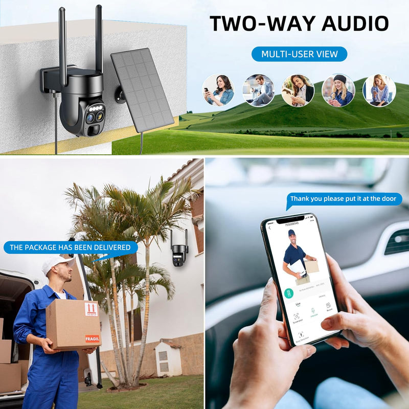 Hawkray Pannel Solar Wireless Outdoor Security Camera， Dual-Lens, 10xZoom, 2K Resolution 3MP 360°Pan/Tilt，2.4&5G WiFi Battery Powered Camera with Spotlight Alarm PIR Motion Detection solid black