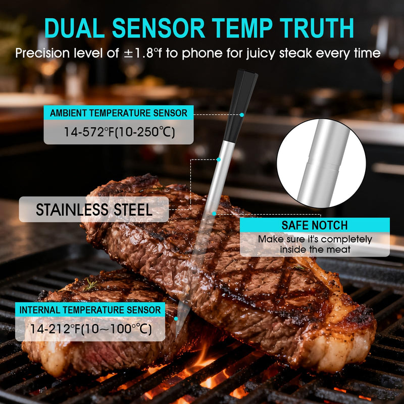 Wireless Meat Thermometer Bluetooth Digital, Smart Meat Thermometer Digital with IP67 Waterproof Probe ±1.8°F Accuracy, Rechargeable Thermometer for Grill, Smoker & BBQ Black