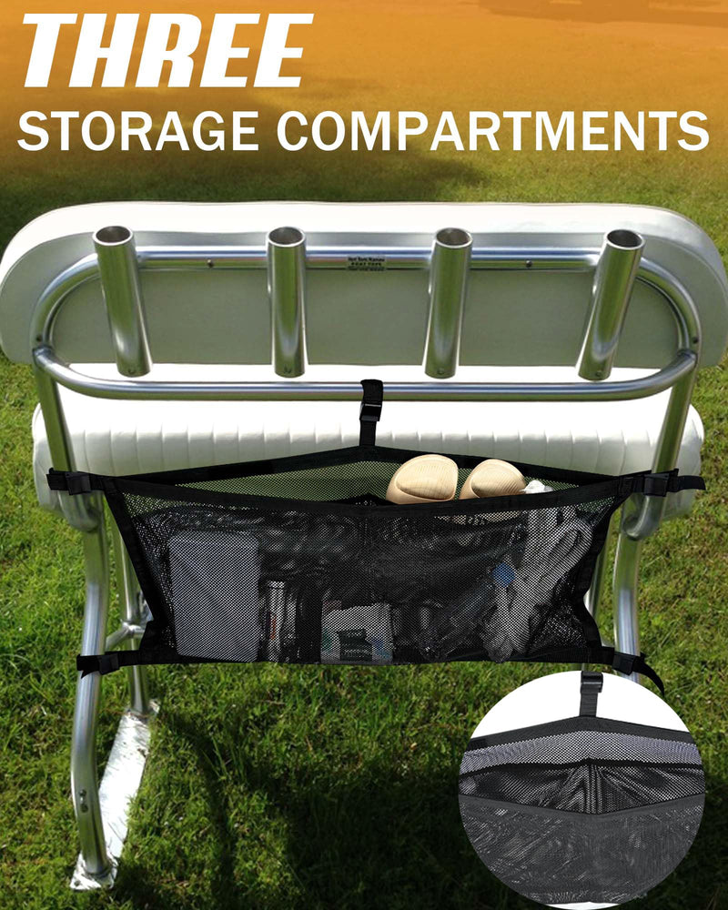 PLOZANO Boat Storage Bag with 3 Divisions, Adjustable Organizer, Mesh Tackle & Life Jacket Holder, Suspended Net for Leaning Post (32 INCH) 32 INCH