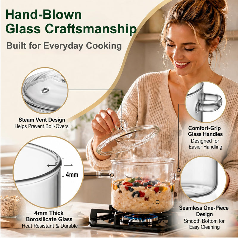 67 oz Glass Simmer Pot with Lid - Stovetop Safe Cookware for Cooking | 1900ml, Heat-Resistant Borosilicate Glass, Stovetop Safe for Cooking, For Potpourri, Soup, Pasta, Baby Food, Dual Handles