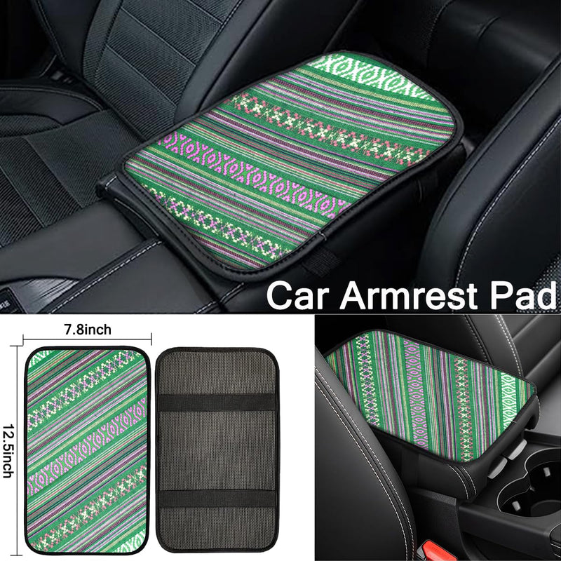 Boho Steering Wheel Cover Set, Seat Belt Cover and Armrest Pad Bohemian Cloth Car Steering Wheel for Women Flax Ethnic Style Steering Wheel Accessories Cover Anti-Slip Fits 14 1/2-15 Inch - Green Blue