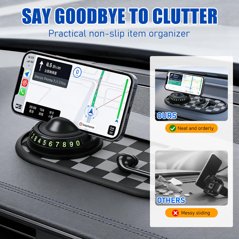 Mobile Phone Bracket Anti-Slip Mat,Multifunction Car Dashboard Mat with Temporary Parking Number,Universal Fit Anti-Slip Mat,360° Rotating Adjustable Phone Holder (Black & Gray) Black & Gray