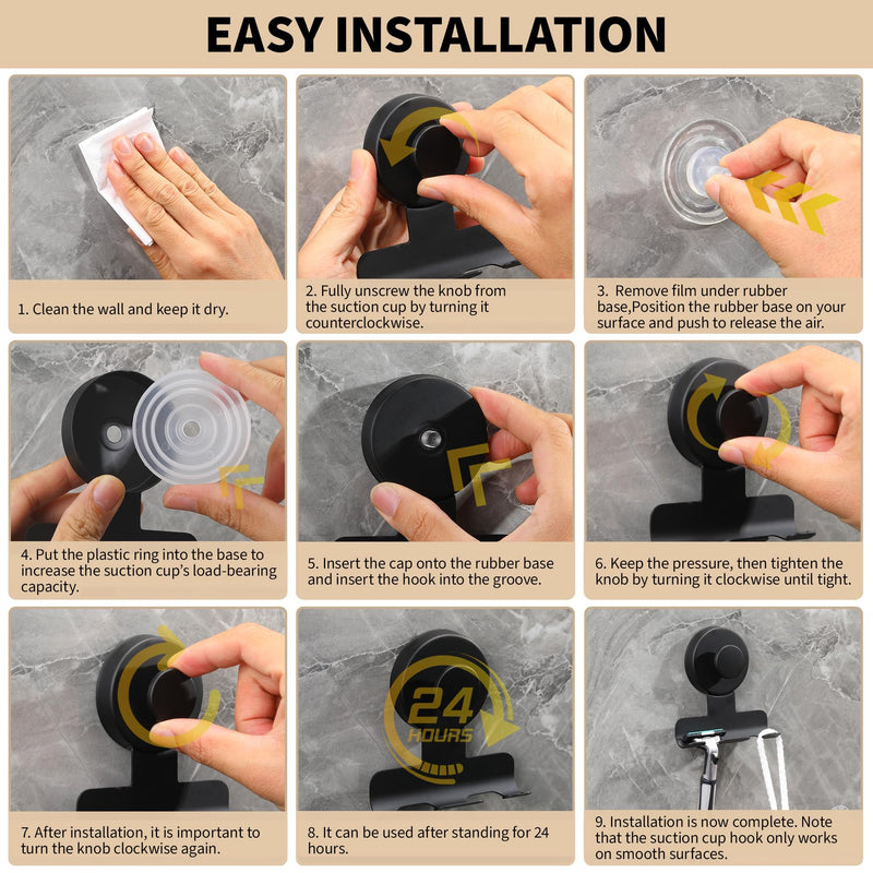 Suction Cup Razor and Shaver Holder for Shower Wall, Stainless Steel Reusable Suction Hook for Towel and Loofah, Damage-Free Installation (2, Matte Black) 2
