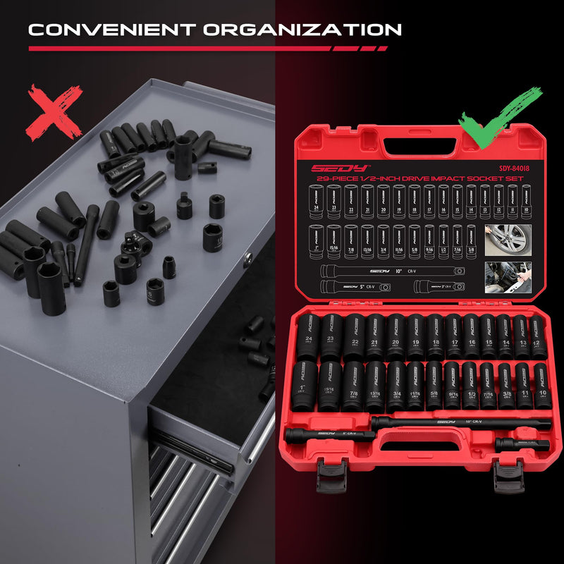 29-Piece 1/2" Drive Impact Socket Set, SAE (3/8 to 1 inch) and Metric (10-24mm) Sizes with Extension Bars Standard Deep Socket Set CR-V Material High Durability Impact Wrench 1/2--29PCS