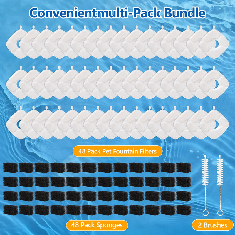 96 Pcs Cat Water Fountain Replacement Filters-48 Pack Cat Fountain Filters with 48 Pack Sponges, Compatible with VEKEN 95oz/2.8L, 67oz/2L, 135oz/4L Pet Drinking Fountain 96Pack