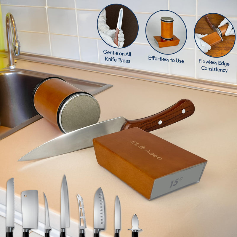 ELOA360 Knife Sharpener, Rolling Knife Sharpener Kit with Diamond and Ceramic Discs with 15° and 20° Magnetic Angle, kitchen knife sharpener, Razor-Sharp knife sharpening Tool (Stainless Steel) Black