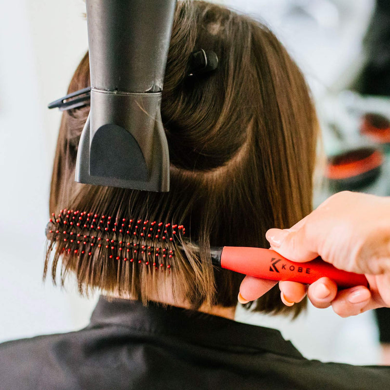 Kobe Professional Small Round Hair Brush and Quiff Roller for Men | 15mm 8-Row Double Bristles | Comfort Ball-Tipped Pins, Non-Slip Rubber Grip, Anti-Static Volumising Styling Tool Barber Supplies Red