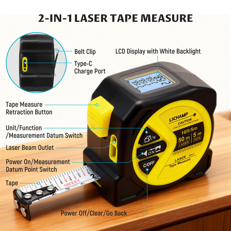 Lichamp Laser Tape Measure, 164ft Class II Laser Distance Meter (0.49mW Red Laser) and 16ft Manual Tape Measure