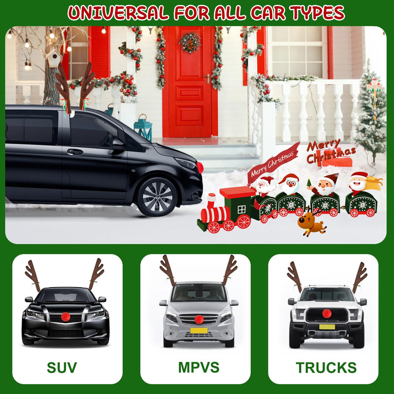 Reindeer Car Decoration for Christmas with Nose, 4PCS Window Sticker, Antlers for Car Reindeer Window Roof-Top & Front Grille, Auto Holiday Decoration Reindeer Ears for Car SUV Van Truck 15.5 inches
